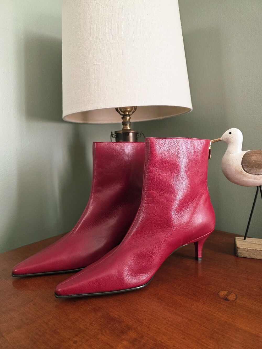 Anne Klein Red Leather Pointed Toe Kitten Heel Ankle Boots 10M NWOT Y2K